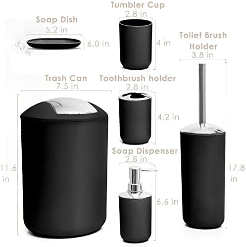 Moss & Stone 6-Piece Black Bathroom Accessories Set, Soap Dispenser | Modern Plastic Bathroom Set with Toothbrush Holder, Soap Dish, Cup & Trash Can for Countertop Organization and Bathroom Decor