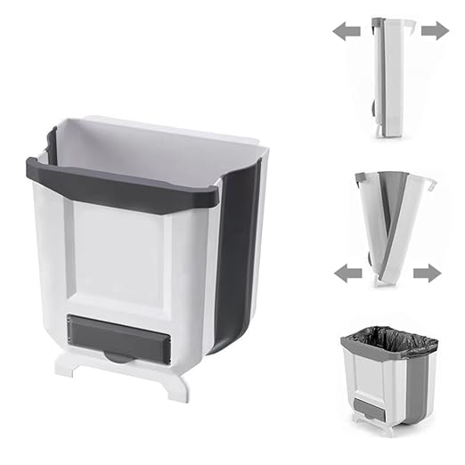 Kitchen Trash Can, 2.4 Gallon Foldable Trash Can for Kitchen | Collapsible Hang Small Plastic Garbage Can for Cabinet/Car/Bedroom/Bathroom/Office (White, 1PC)