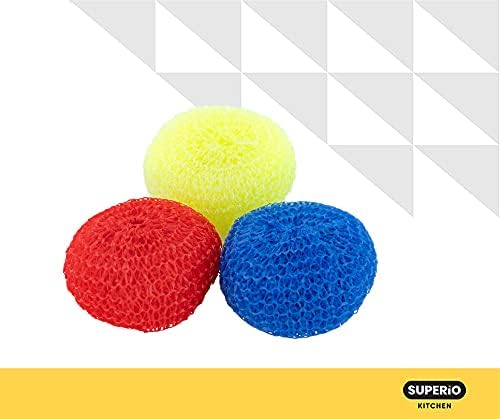 Nylon Scouring Pads-Dish Scrubber, for Dishes, Pots, and Stoves, Durable Mesh Scourers, for Tough Cleaning. Nylon Dish Scrubbers, Pack of 3, Assorted Colors (Superio)
