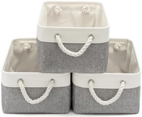 13.8x9.8x6.7 Inch Fabric Small Storage Bins with Handles 3 Pack | Foldable Storage Basket, Sturdy Metal Strand, Cardboard Support Molding, Small Baskets for Organizing, Shelves, White/Gray