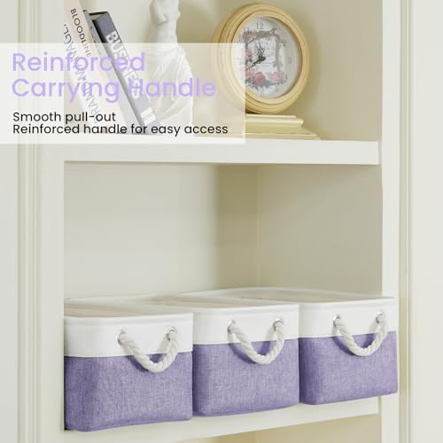 13.8x9.8x6.7 Inch Fabric Small Storage Bins with Handles 1 Pack | Foldable Storage Basket, Sturdy Metal Strand, Cardboard Support Molding, Small Baskets for Organizing, Shelves, White/Purple