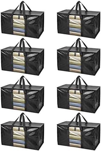 BALEINE 8-Pack Oversized Moving Bags with Reinforced Handles, Heavy-Duty Storage Tote Moving Supplies for Packaging, Camping (Black w/Window, 8-Pack)