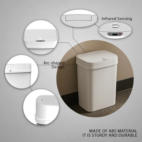 Touchless Motion Sensor Trash Can with Lid, Automatic Infrared Garbage Bin, Narrow Rectangular Bathroom Kitchen Bedroom Office Waste Basket, Soft Close Quiet Seal, Removable Inner Ring (White)