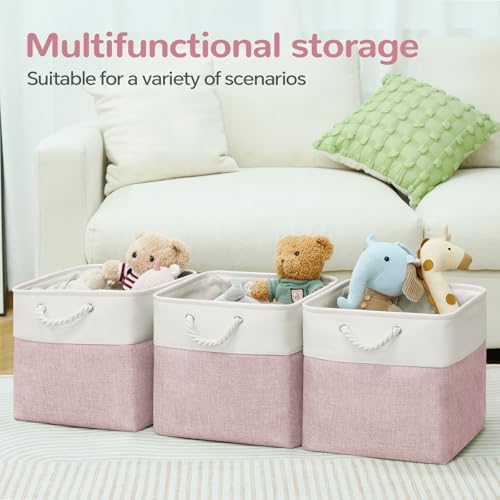 13x13 Inch Foldable Fabric Cube Storage Bins with Handles 6 Pack | Sturdy Metal Strand, Cardboard Support Molding, Storage Basket, Cube Storage Bin for Shelves, Closet, Bedroom, White/Pink