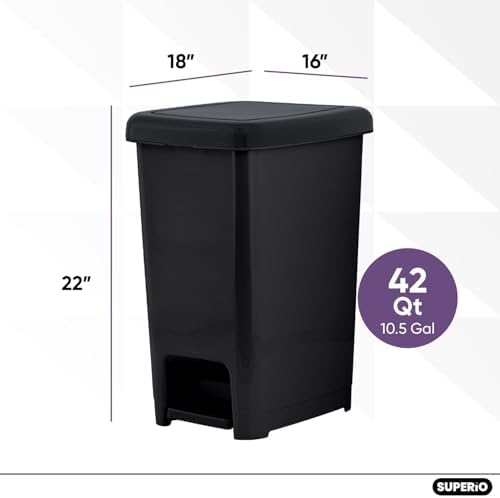Superio Slim Trash Can with Foot Pedal – 10.5 Gallon Step-On Trash Can with Lid, Large Plastic Garbage Can, Trashcan for Bathroom, Kitchen, Office, Bedroom, Dorm Room, Patio, – Black, 2
