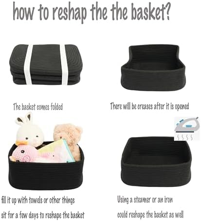 XUANGUO Small Woven Storage Baskets for Shelves, 12" x 8" x 5", Black | Decorative rope storage bins for closets and toy storage; cute organizer baskets, empty gift baskets and nursery storage.