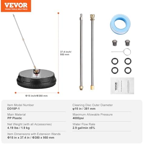 VEVOR 15 Inch Pressure Washer Surface Cleaner, 4000 PSI Universal Power Washer Accessory with 2 Extension Wands and 1/4 Inch Quick Connect, Concrete Cleaner for Driveway, Patio, Floor Cleaning | Power Accessory with 2 Extension Wands and 1/4 Inch Quick...