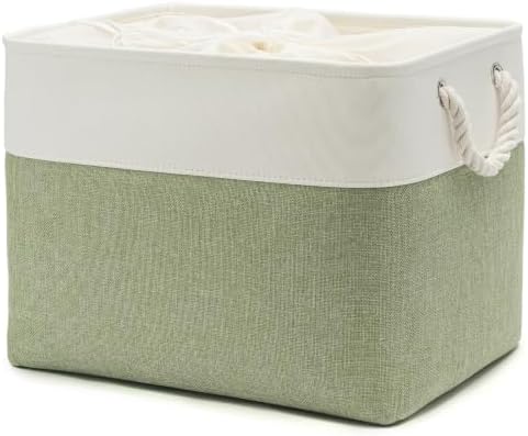 16x12x12 In Foldable Fabric Large Storage Bins with Handle 1 Pack | Storage Basket with Draw String Top, Sturdy Metal Strand, Cardboard Support Molding, for Shelf, Closet, Bedroom, White/Green