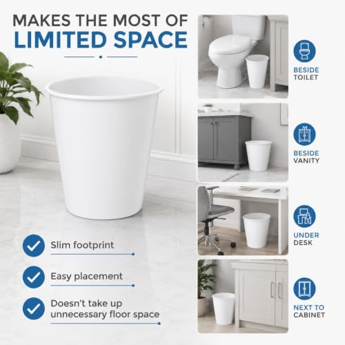 Small Bathroom Trash Can 1.5 Gallon Plastic Garbage Bin, Open Top Waste Basket for Bathroom, Bedroom, Office, Laundry Room, Narrow Space, White, 2 Pack