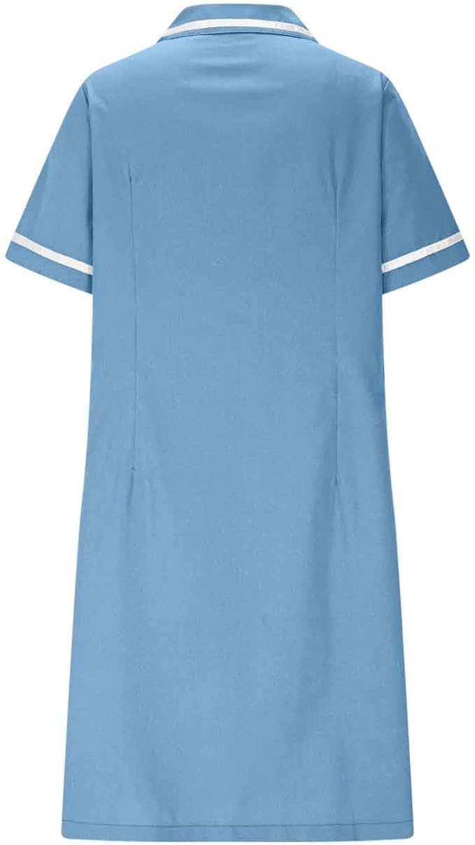 Women's Short Sleeve Work Dress Lapel Button Front Nursing Workwear Casual Housekeeping Scrubs Dress with Pockets