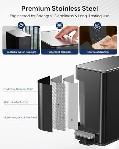 6L/1.6G Slim Bathroom Trash Can, Narrow Stainless Steel Soft-Close Step Pedal Bin with Lid, Odor -free Carbon Box, Removable Inner Bucket, Matte Small Waste Bin for Bedroom, Office, RV(Black)