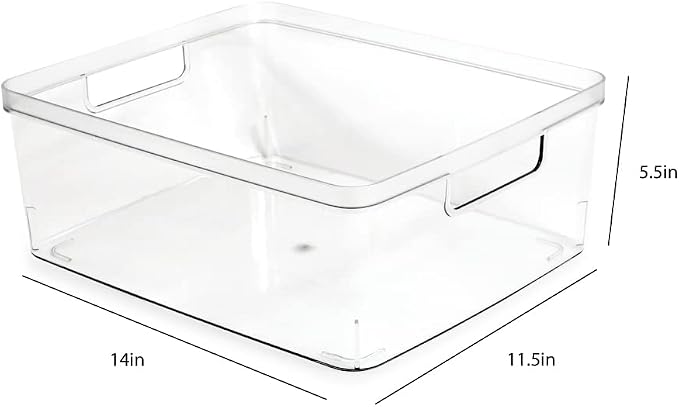 Isaac Jacobs 4-Pack Large Clear Storage Bins (11.5” L x 14” W x 5.5” H) w/Cutout Handles, Plastic Organizer for Home, Office, Kitchen, Fridge/Freezer, Bathroom, BPA Free, Food Safe (Large)