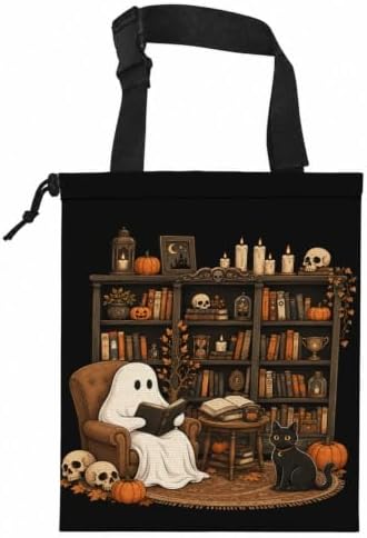 Ghost Reading Book Halloween Car Garbage Bag Canvas Trash Can | Dark Academia Gothic Skull Bookish Drawstring Car Trash Bag Hanging for Back Seat with Adjustable Buckle