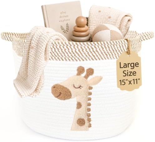 Giraffe Baby Storage Basket, Woven Cotton Rope Nursery Bin, 15x11 in | Stuffed Animal and Blanket Storage, Soft Felt Giraffe Patch, Safari Nursery Decor, Baby Shower, Kids Playroom Organizer