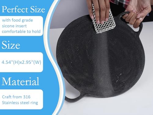 Herda 316L Cast Iron Scrubber Cleaner, Large Chainmail Cast Iron Cleaner | Honeycomb Silicone Insert, Flexible,Stainless Steel Chain Mail Metal Sponge Scrub Skillets,Oven,Flat Top,Grill Pan Pot Brush