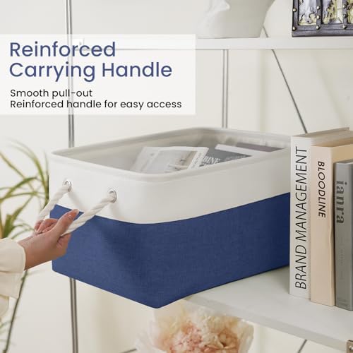 15.7x11.8x8.26 Inch Fabric Large Storage Bins with Handles 1 Pack | Foldable, Sturdy Metal Strand, Cardboard Support Molding, Fabric Storage Baskets for Shelves, Closet, Bedroom, White/Blue