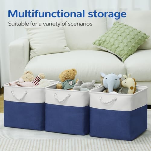 13x13 Inch Foldable Fabric Cube Storage Bins with Handles 6 Pack | Sturdy Metal Strand, Cardboard Support Molding, Storage Basket, Cube Storage Bin for Shelves, Closet, Bedroom, White/Blue