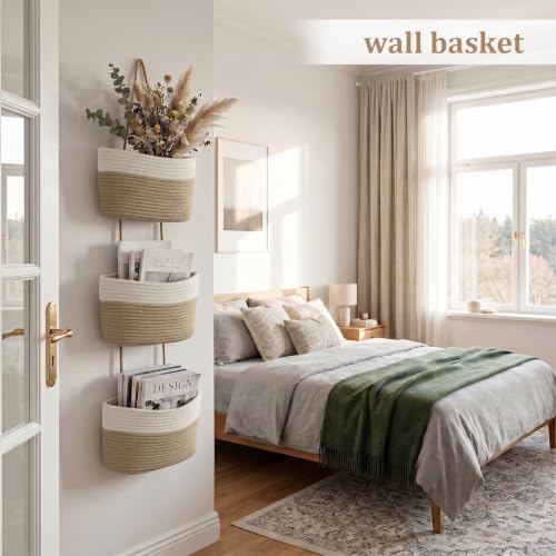 TeoKJ Over the Door Hanging Basket, 3-Tier Woven Cotton Wall-Mounted Storage Organizer Bag Decorative Hanging Nursery Baskets, White & Jute | Woven Cotton, Wall-Mounted Storage Organizer Bag, Decorative Hanging Nursery Baskets