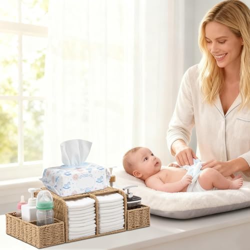 Large Wicker Diaper Caddy Changing Table Organizer, Khaki, Paper | Detachable Modular Diaper Caddy for Nursery, Woven Diaper Storage Dispenser Basket for Nursery Diapering Baby Essentials Gift