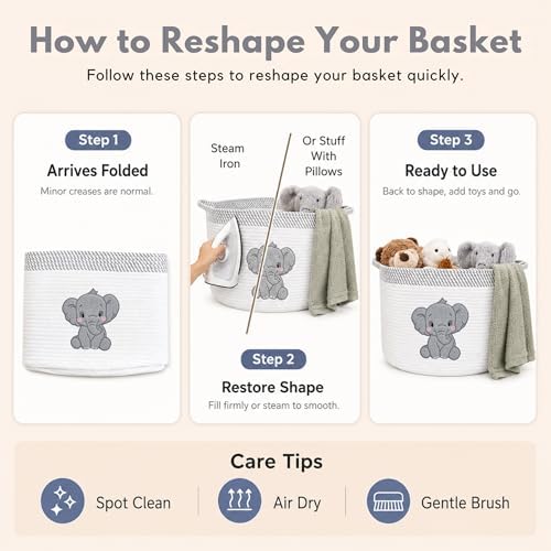 Elephant Baby Storage Basket, Woven Cotton Rope Nursery Bin, 15x11 in | Stuffed Animal and Blanket Storage, Soft Felt Elephant Patch, Neutral Baby Room Decor, Baby Shower, Kids Playroom Organizer