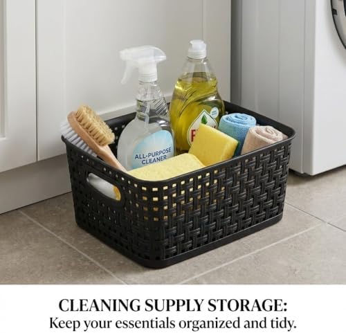 8 Pack Black Storage Baskets, Plastic Woven Organizer Baskets, Stackable Shelf Baskets for Closet, Pantry, Bathroom & Laundry Room