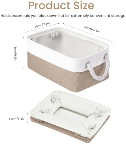11.8x7.9x5.2 Inch Fabric Small Storage Bins with Handles 6 Pack | Foldable Storage Basket, Sturdy Metal Strand, Cardboard Support Molding, Small Baskets for Organizing, Shelves, White/Khaki