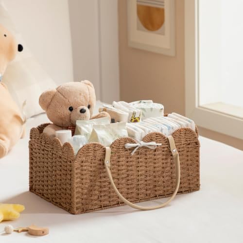 HBlife Baby Diaper Caddy, Paper Rope Storage Baskets Nursery Bin with Removable Divider, Portable Car Organizer for Diapers, Baby Shower Gifts, Newborn Essentials Must Haves