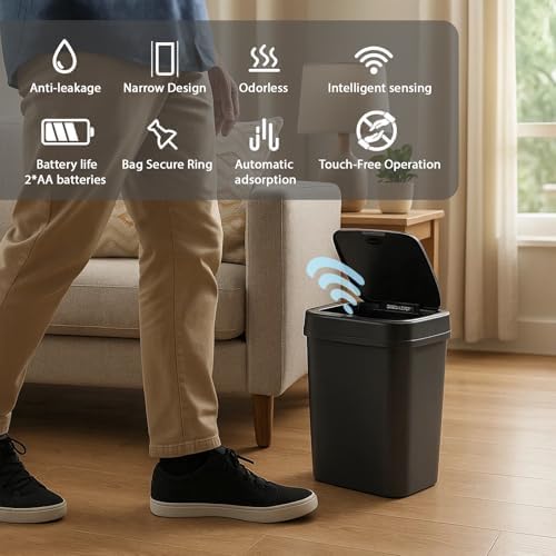 Touchless Motion Sensor Trash Can with Lid, Automatic Infrared Garbage Bin, Narrow Rectangular Bathroom Kitchen Bedroom Office Waste Basket, Soft Close Quiet Seal, Removable Inner Ring (Black)