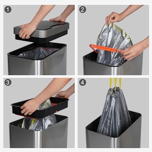 Mbillion 15 Gallon Touchless Motion Sensor Trash Can | Rectangular silver smart garbage can with lid, automatic touchless design for kitchen, bedroom, home & office use