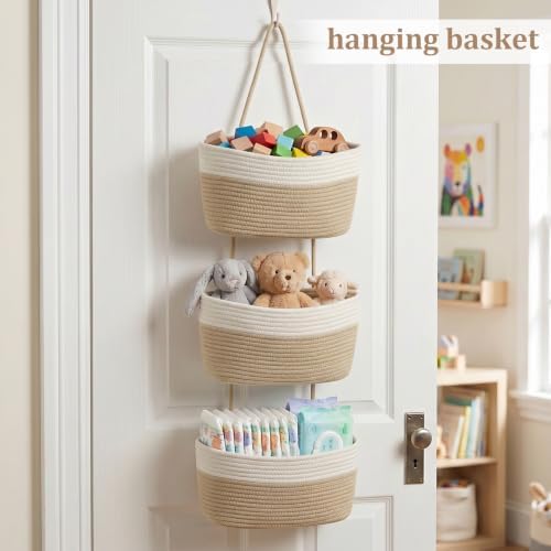 TeoKJ Over the Door Hanging Basket, 3-Tier Woven Cotton Wall-Mounted Storage Organizer Bag Decorative Hanging Nursery Baskets, White & Jute | Woven Cotton, Wall-Mounted Storage Organizer Bag, Decorative Hanging Nursery Baskets