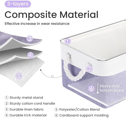 13.8x9.8x6.7 Inch Fabric Small Storage Bins with Handles 3 Pack | Foldable Storage Basket, Sturdy Metal Strand, Cardboard Support Molding, Small Baskets for Organizing, Shelves, White/Purple