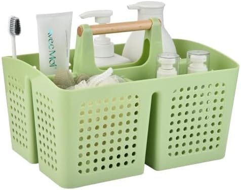 Portable Shower Caddy Basket with 3 Compartments and Handle, Grass Green | Plastic Divided Storage Caddy for Camping, RVs, Outdoor Showers, Bathrooms, Laundry Rooms and Cleaning Supplies