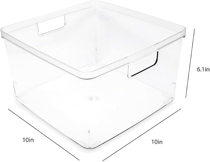 Isaac Jacobs 2-Pack Square Clear Storage Bins (10” L x 10” W x 6.1” H) | Cutout Handles, Plastic Organizer for Home, Office, Kitchen, Fridge/Freezer, Bathroom, BPA Free, Food Safe (2-Pack, Square)