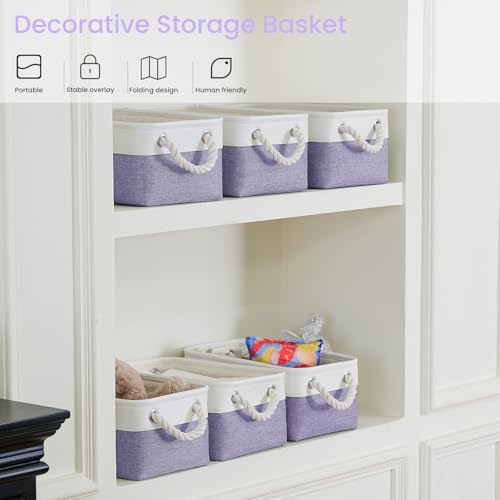 11.8x7.9x5.2 Inch Fabric Small Storage Bins with Handles 6 Pack | Foldable Storage Basket, Sturdy Metal Strand, Cardboard Support Molding, Small Baskets for Organizing, Shelves, White/Purple