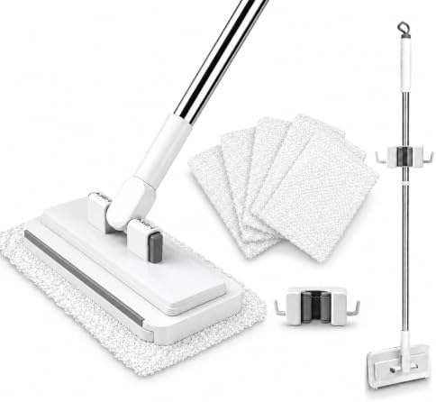Hands Free Flat Mop with 5 Reusable Pads, One-Click Cloth Release, 53-Inch Extendable Stainless Steel Handle, Microfiber Mini Mop with Wall Holder for Hardwood, Tile, Bathroom, Kitchen and Glass