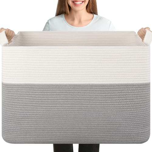OIASKET 108L Cotton Rope Storage Basket for Living Room and Bedroom 25"x16"x16" Woven Laundry Basket, Heavy Duty Bin for Blankets, Pillows & Toys, Pet-Safe & Scratch-Free, Grey and White
