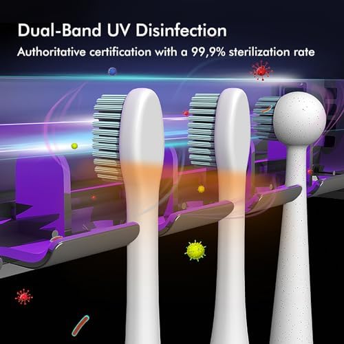 UV Toothbrush Sanitizer Holder for Bathrooms,Mold & Odor Removal & Timer Function Smart Home Bathroom Accessories, 5+1+1 Slots Rechargeable Cordless Wall Mounted Tooth Brush Holder (Black)