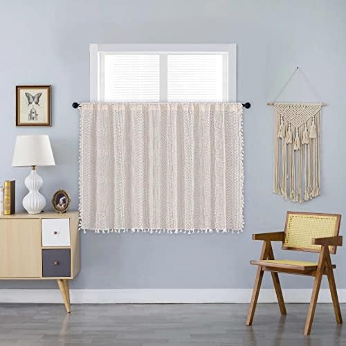 Sutuo Home Beige Boho Lace Short Curtain 36 inch Length for Kitchen Window Curtains Over Sink,Farmhouse Crochet Bohemian Valance Semi Sheer Vintage Chic Handmade Tassels, Rod Pocket,1 Panel 59" W