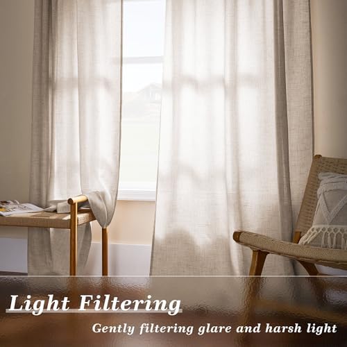 Linen 90 Inch Curtains 2 Panels with Rod Pocket Hook Belt Privacy | Semi Sheer Light Filtering, Farmhouse Curtains, for Dining Living Room, Tan Beige, Flax Linen, Long Drapes, 90 Inch Length