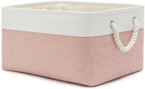 15.7x11.8x8.26 Inch Fabric Large Storage Bins with Handles 1 Pack | Foldable, Sturdy Metal Strand, Cardboard Support Molding, Fabric Storage Baskets for Shelves, Closet, Bedroom, White/Pink