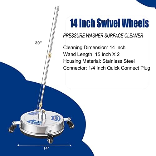 14" Pressure Washer Surface Cleaner with 4 Wheels, 1/4" Quick Connect Plug, Sturdy Stainless Steel Power Washer Attachment for Concrete Driveway, Min Flow Rate 1.8 GPM, Max 4000 PSI (Silver)