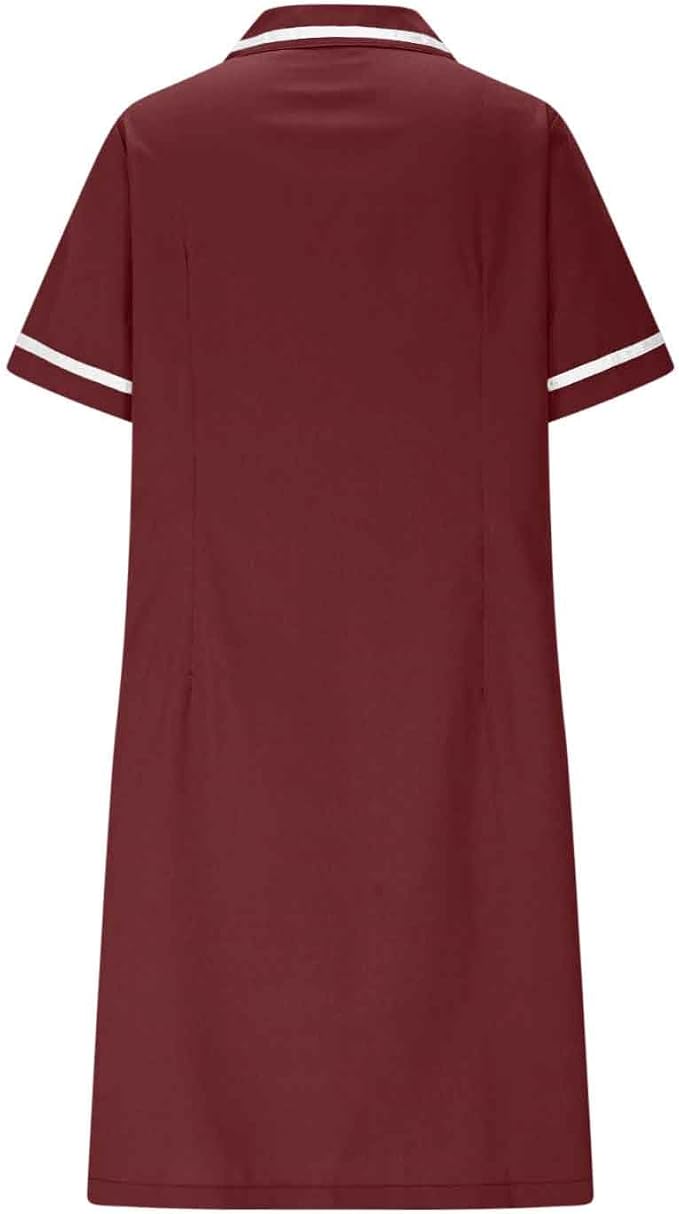 Women's Short Sleeve Work Dress Lapel Button Front Nursing Workwear Casual Housekeeping Scrubs Dress with Pockets
