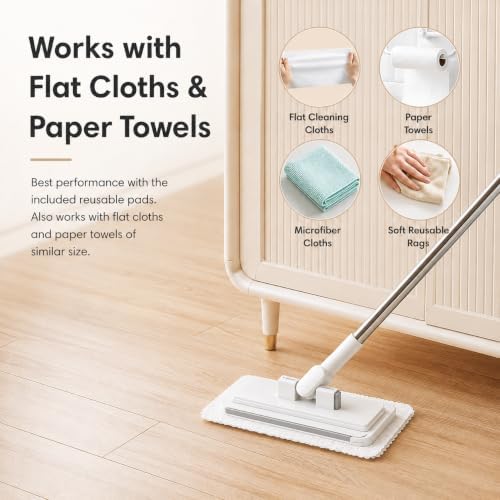 Hands Free Flat Mop with 5 Reusable Pads, One-Click Cloth Release, 53-Inch Extendable Stainless Steel Handle, Microfiber Mini Mop with Wall Holder for Hardwood, Tile, Bathroom, Kitchen and Glass