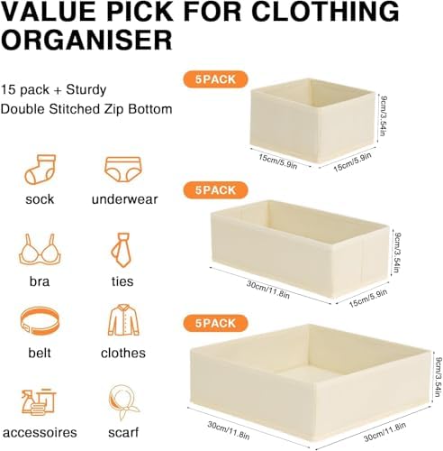 DIMJ Drawer Organizer Clothes, 15 Pack Dresser Organizer, Foldable Closet Organizers and Storage, Fabric Dresser Bins, Drawer Dividers for Nursery, Baby Clothes, Underwears, Sock (Beige)