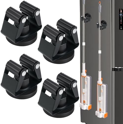 4PCS Magnetic Broom Mop Holder Wall Mount,No Drill Tool Organizer With Anti-Slip Rollers for Garage Kitchen RV Home Laundry Workshop, Anti-Rust Clips No Damage Installation (Black 4pcs)