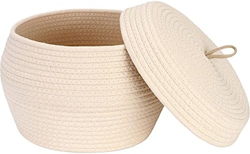 Sea Team Round Woven Cotton Rope Storage Basket with Lid, Cream | Lidded Knitted Decorative Storage Bin, Pot, Caddy, Organizer, Container for Snacks, Towels, Plants, 13 x 9 Inches