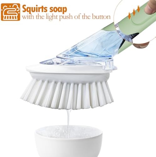 RIMAY Dish Brush Set with Soap Dispenser, 2 Refills and Storage Holder | Soap Dispensing Dish Brush dish scrubber with handle for Cleaning Dishes, Pans, Sink, Pots, Green
