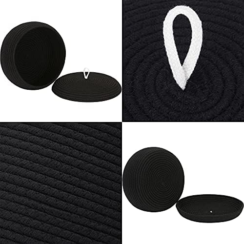 Sea Team Round Woven Cotton Rope Storage Basket with Lid, Black | Lidded Knitted Decorative Storage Bin, Pot, Caddy, Organizer, Container for Snacks, Towels, Plants, 13 x 5.5 Inches