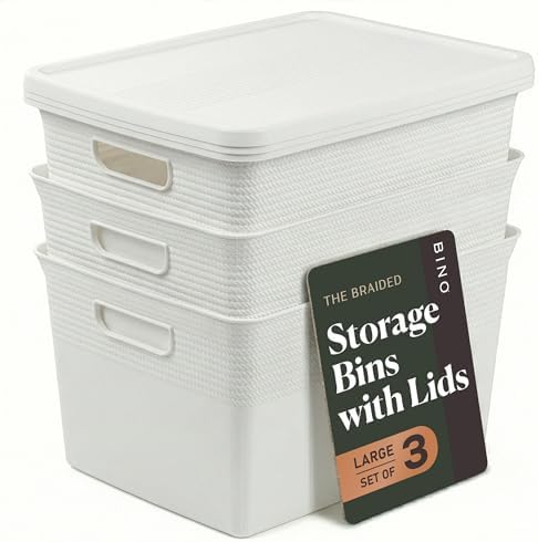BINO | Plastic Storage Bins with Lids, 22 Liter - 3 Pack, White | THE BRAIDED COLLECTION | Plastic Bins for Organization Woven Storage Baskets for Organizing Pantry Shelf Organizer Basket Bin
