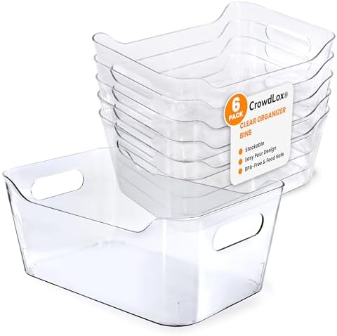 6 Pack Clear Plastic Storage Bins with Lids & Labels, Stackable Organizer Containers with Built-In Handles, BPA-Free Pantry Organization Bins for Kitchen
